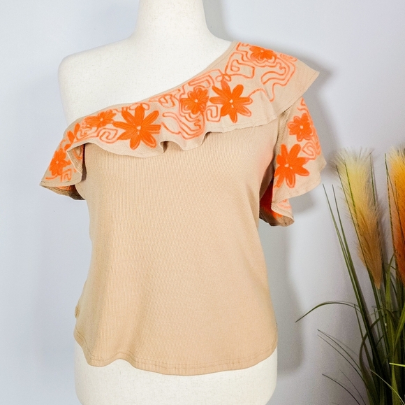 Anthropologie, New, Dolan Linen Blend Rib Knit Embroidered Ruffle Top Size XL - Picture 2 of 14